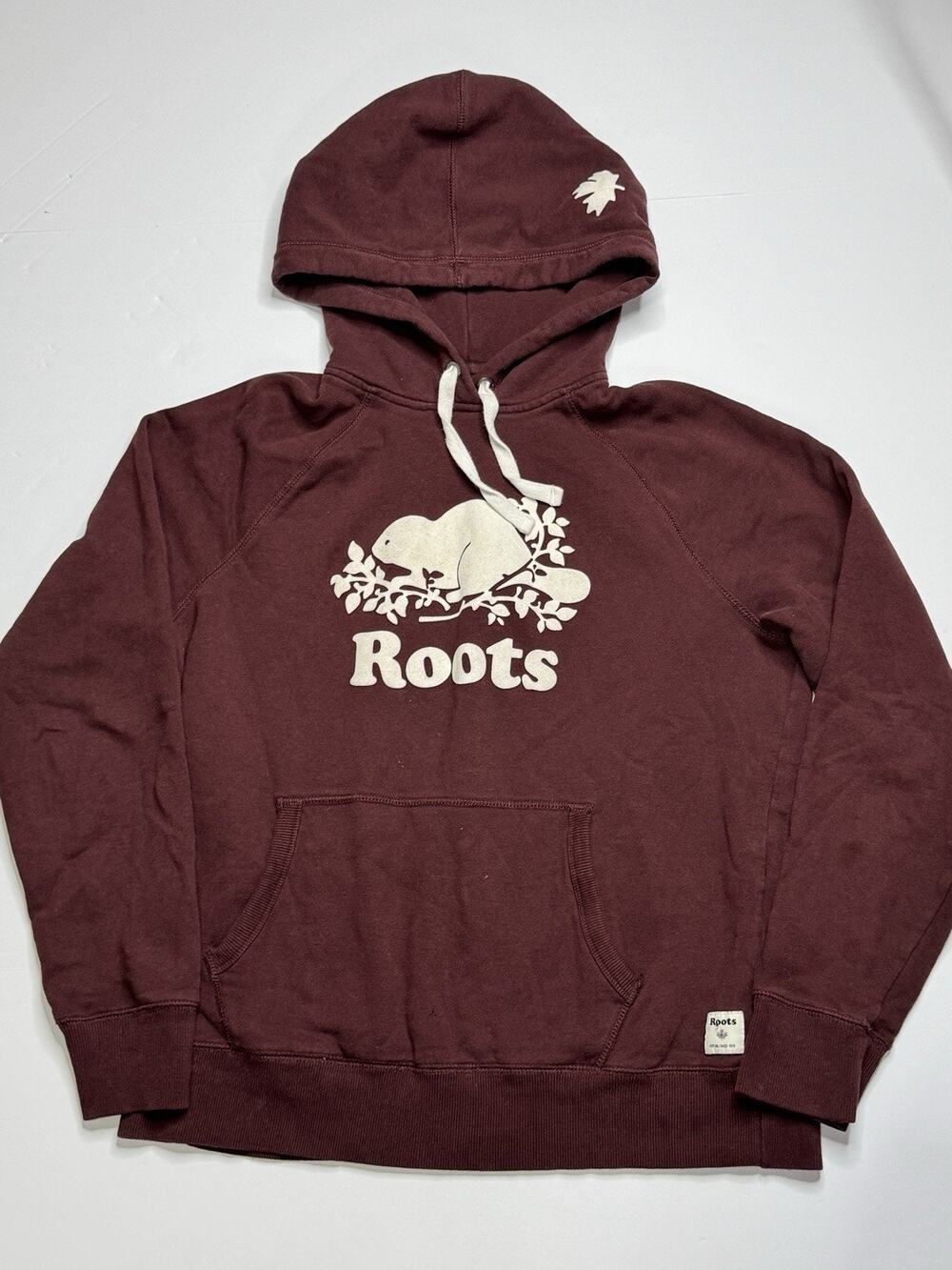 Roots Canada Beaver Logo Hoodie Large Burgundy Pullover Sweatshirt Maroon